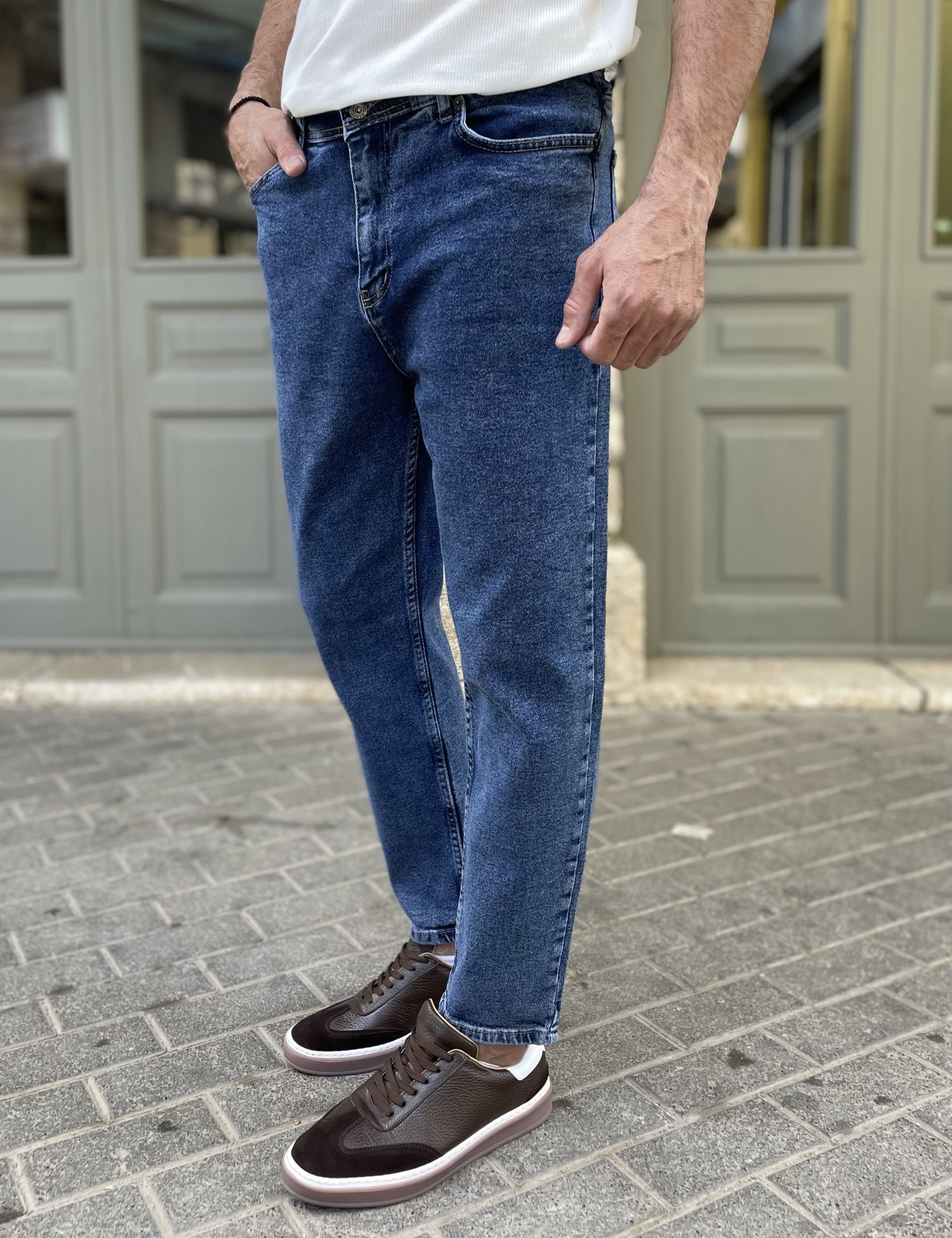 Ανδρικό μπλε σκούρο Loose τζιν ελαστικό πεντάτσεπο με φερμουάρ 8948 φωτογραφία